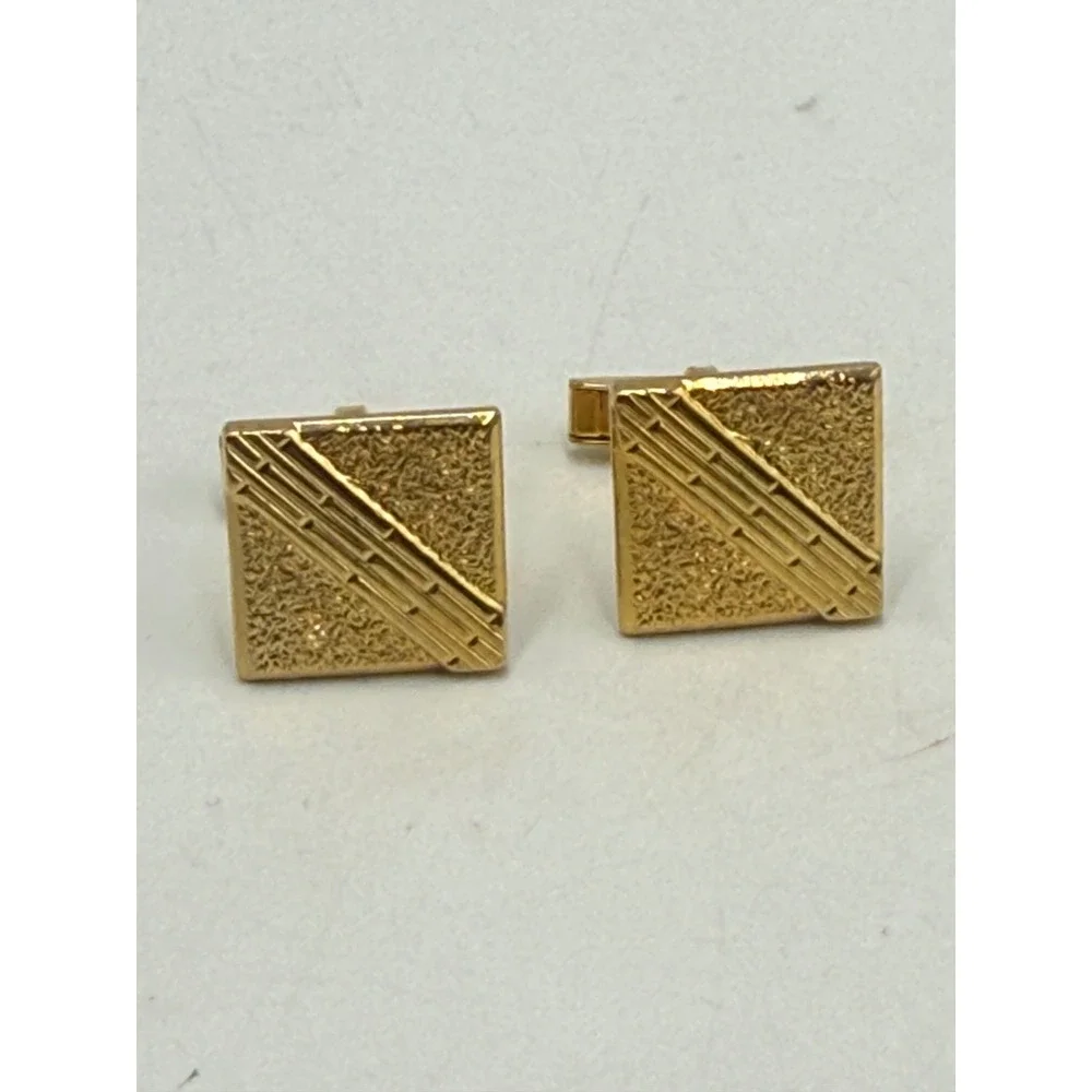 Vtg Gold Tone Square Ribbed Textured Diagonal Cufflinks Mens Formal Accessory